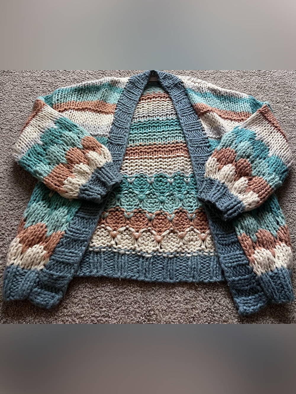 Altar'd State Chunky Striped Cardigan in Blue, Cream & Brown